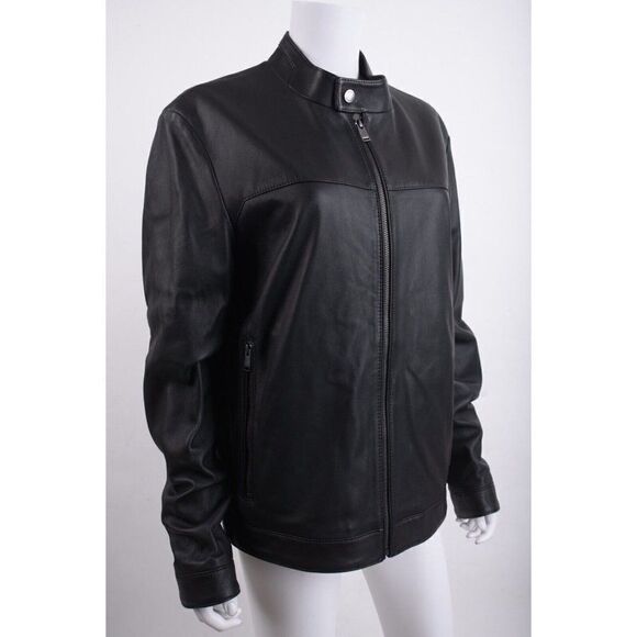 Hugo Boss Mens Black Leather Nardi Biker Jacket Coat Regular Fit US 38R NWT - Picture 3 of 8